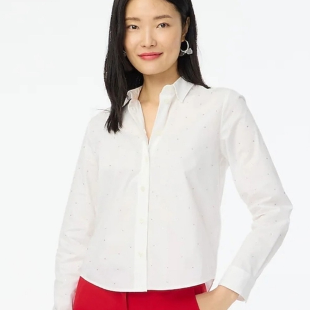 J. Crew Women's White Rhinestone Embellished Button Down Blouse Size XL